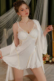 A-Line Straps V-Neck Cutout Appliques Lace-Up Nightgown and Robe Set