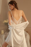 Plunging V-Neck Spaghetti Straps Satin Short Nightgown and Robe Set