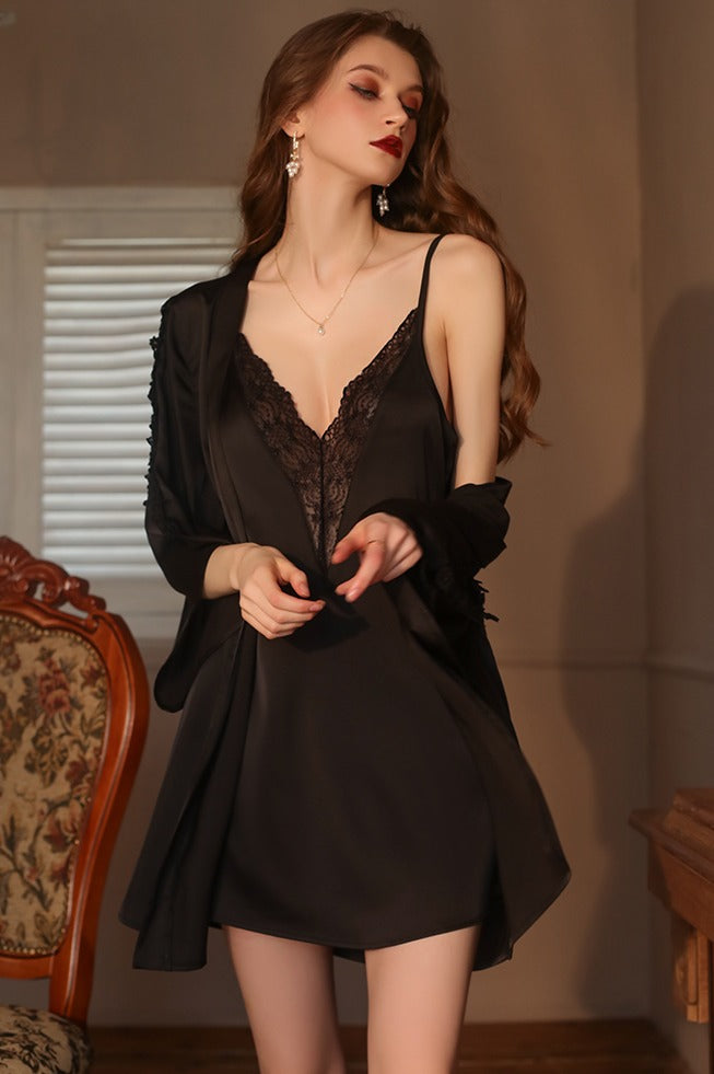 Plunging V-Neck Spaghetti Straps Satin Short Nightgown and Robe Set