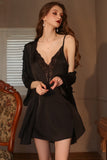 Plunging V-Neck Spaghetti Straps Satin Short Nightgown and Robe Set