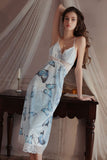Spaghetti Straps Butterfly Print V-Neck Long Nightgown and Robe Set