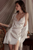Spaghetti Straps Deep V-Neck Satin Slit Short Nightdress Robe Set