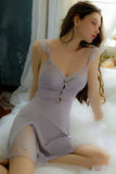 A-Line Sheer Lace V-Neck Cutout Backless Nightgown with Padded Cups