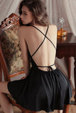 Plunging V-Neck Satin Spaghetti Straps A-Line Empire-Waist Short Nightgown and Robe Set