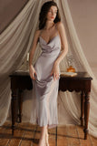 Elegant Spaghetti Straps Pleats Satin Illusion Long Nightgown and Robe Set