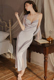 Elegant Spaghetti Straps Pleats Satin Illusion Long Nightgown and Robe Set