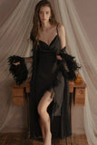 Spaghetti Straps Cowl Neck Ruffles Knee Length Nightdress with Slit and Robe Set