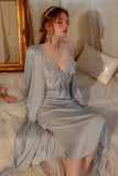 Spaghetti Straps V-Neck with Ruffles Satin Long Nightgown and Robe Set