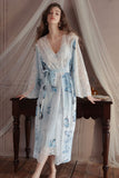 Spaghetti Straps Butterfly Print V-Neck Long Nightgown and Robe Set