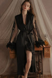 Spaghetti Straps Cowl Neck Ruffles Knee Length Nightdress with Slit and Robe Set