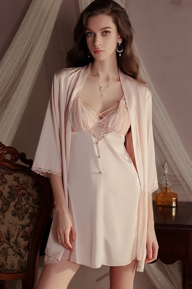 Sexy Double Straps V-Neck Sheer Short Nightgown and Robe Set