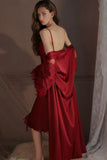 Spaghetti Straps Cowl Neck Ruffles Knee Length Nightdress with Slit and Robe Set