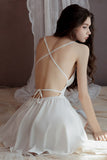 Plunging V-Neck Satin Spaghetti Straps A-Line Empire-Waist Short Nightgown and Robe Set