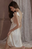A-Line Deep V-Neck Satin Straps Backless Nightgown and Robe Set