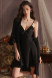 Spaghetti Straps A-Line Satin Empire-Waist V-Neck Appliques Short Nightgown and Robe Set
