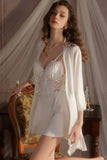 Spaghetti Straps Lace Appliques Sweetheart Sleeveless Short Nightgown and Robe Set