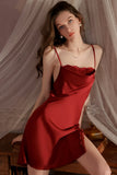 Simple A-Line Slit Sleeveless Satin Short Nightgown and Robe Set
