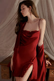 Simple A-Line Slit Sleeveless Satin Short Nightgown and Robe Set