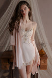 Spaghetti Strap V-Neck with Padded Cups Sweet Lace and Silky Satin Nightgown Robe Set
