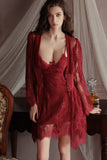 Spaghetti Straps Lace Appliques V-Neck Short Nightgown and Lace Robe Set