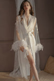 Spaghetti Straps Cowl Neck Ruffles Knee Length Nightdress with Slit and Robe Set