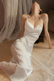 Elegant Spaghetti Straps Pleats Satin Illusion Long Nightgown and Robe Set