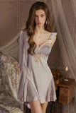 A-Line Deep V-Neck Satin Straps Backless Nightgown and Robe Set