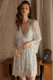 Spaghetti Straps Lace Appliques V-Neck Short Nightgown and Lace Robe Set