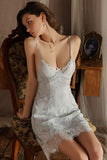 Spaghetti Straps Lace Appliques V-Neck Short Nightgown and Lace Robe Set
