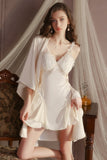 A-Line Straps V-Neck Cutout Appliques Lace-Up Nightgown and Robe Set