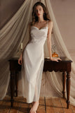 Elegant Spaghetti Straps Pleats Satin Illusion Long Nightgown and Robe Set