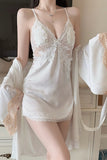Exquisite Spaghetti Straps Lace Appliques V-Neck Nightgown and Robe Set