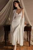 Elegant Spaghetti Straps Pleats Satin Illusion Long Nightgown and Robe Set