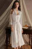 Elegant Spaghetti Straps Pleats Satin Illusion Long Nightgown and Robe Set