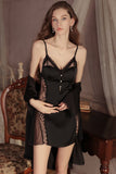 V-Neck Spaghetti Straps A-Line Lace Appliques Short Nightgown and Robe Set