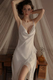 Spaghetti Straps Cowl Neck Ruffles Knee Length Nightdress with Slit and Robe Set