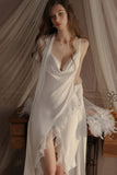 Spaghetti Straps Cowl Neck Ruffles Knee Length Nightdress with Slit and Robe Set
