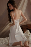Classy Spaghetti Straps Cowl Neck High Slit Knee Length Satin Nightgown