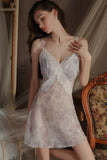 Sweet Spaghetti Straps V-Neck Floral Print A-Line Appliques Short Nightgown