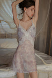 Sweet Spaghetti Straps V-Neck Floral Print A-Line Appliques Short Nightgown