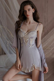 Spaghetti Strap V-Neck with Padded Cups Sweet Lace and Silky Satin Nightgown Robe Set