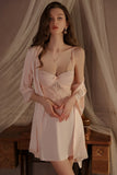 A-Line Empire-Waist Sleeveless Appliques Spaghetti Straps Short Nightgown and Robe Set