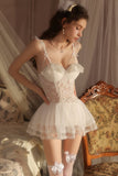 Cute A-Line Straps Lace Appliques Ruffles Sleeveless Short Nightgown