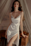 Classy Spaghetti Straps Cowl Neck High Slit Knee Length Satin Nightgown