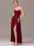 Spaghetti Straps Pleated Tie Satin Sleeveless Bridesmaid Dress