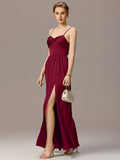 Spaghetti Straps Pleated Tie Satin Sleeveless Bridesmaid Dress