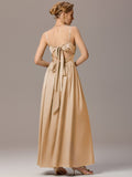 Spaghetti Straps Pleated Tie Satin Sleeveless Bridesmaid Dress