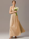 Spaghetti Straps Pleated Tie Satin Sleeveless Bridesmaid Dress