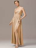 Spaghetti Straps Pleated Tie Satin Sleeveless Bridesmaid Dress