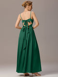 Spaghetti Straps Pleated Tie Satin Sleeveless Bridesmaid Dress